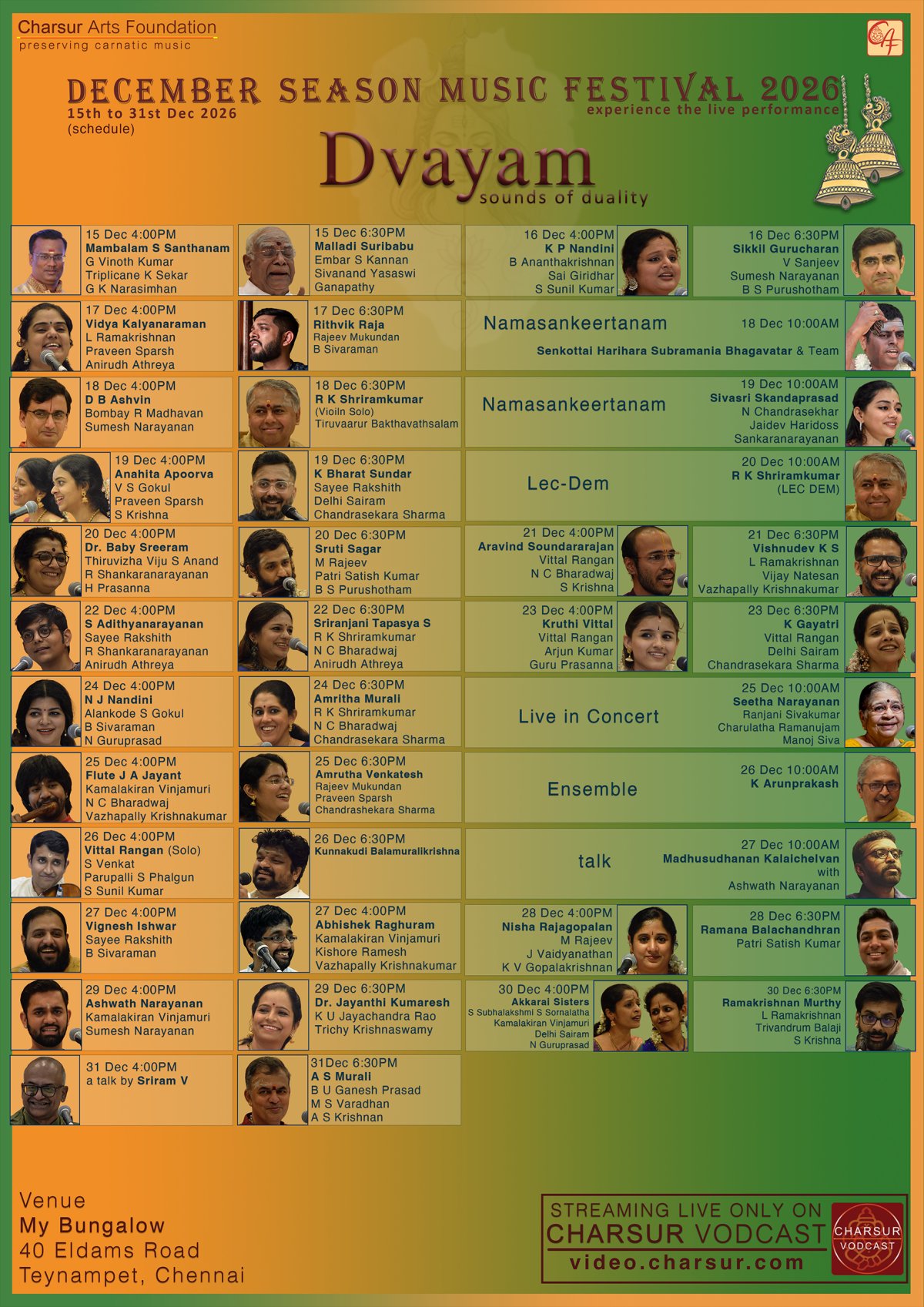 Charsur Arts Foundation December Season Music Festival 2026 - DVAYAM - Sounds of Duality